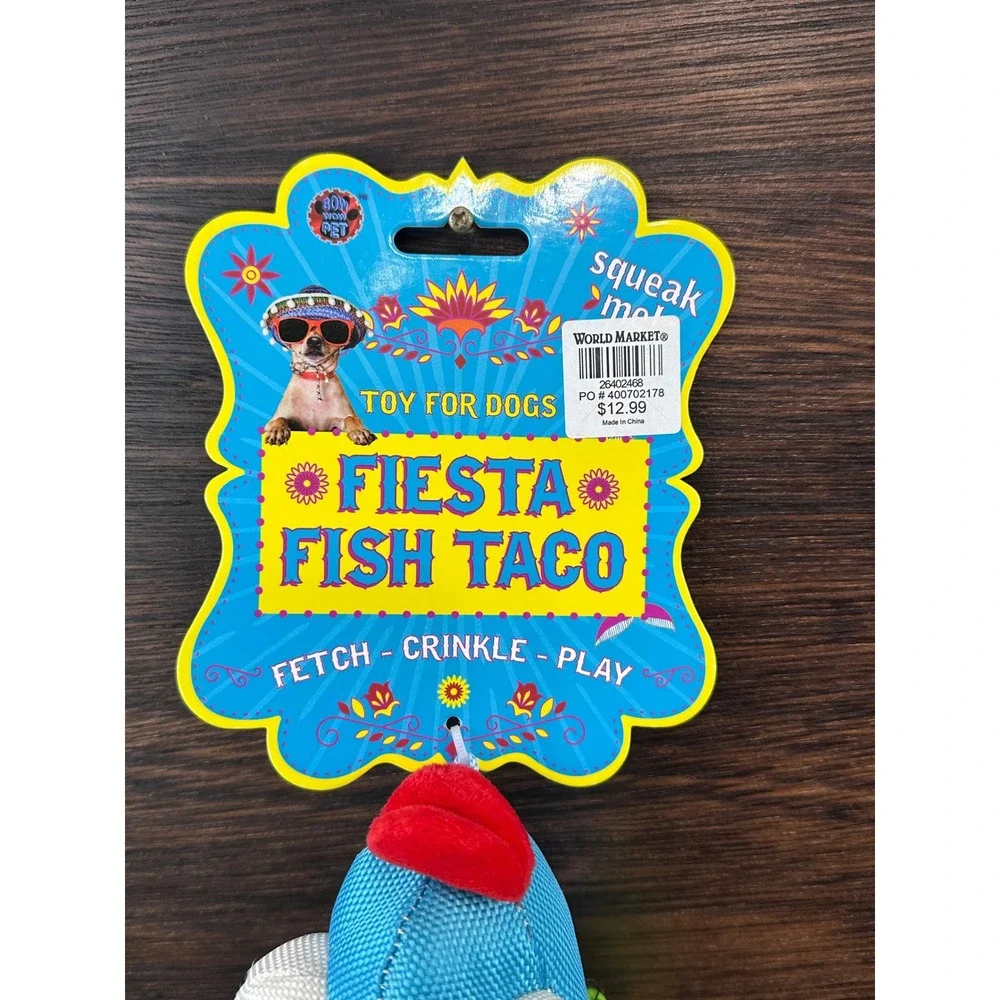 Bow Wow Pet Fiesta Fish Taco Squeak Crinkle Dog Toy Blue Red‎ New